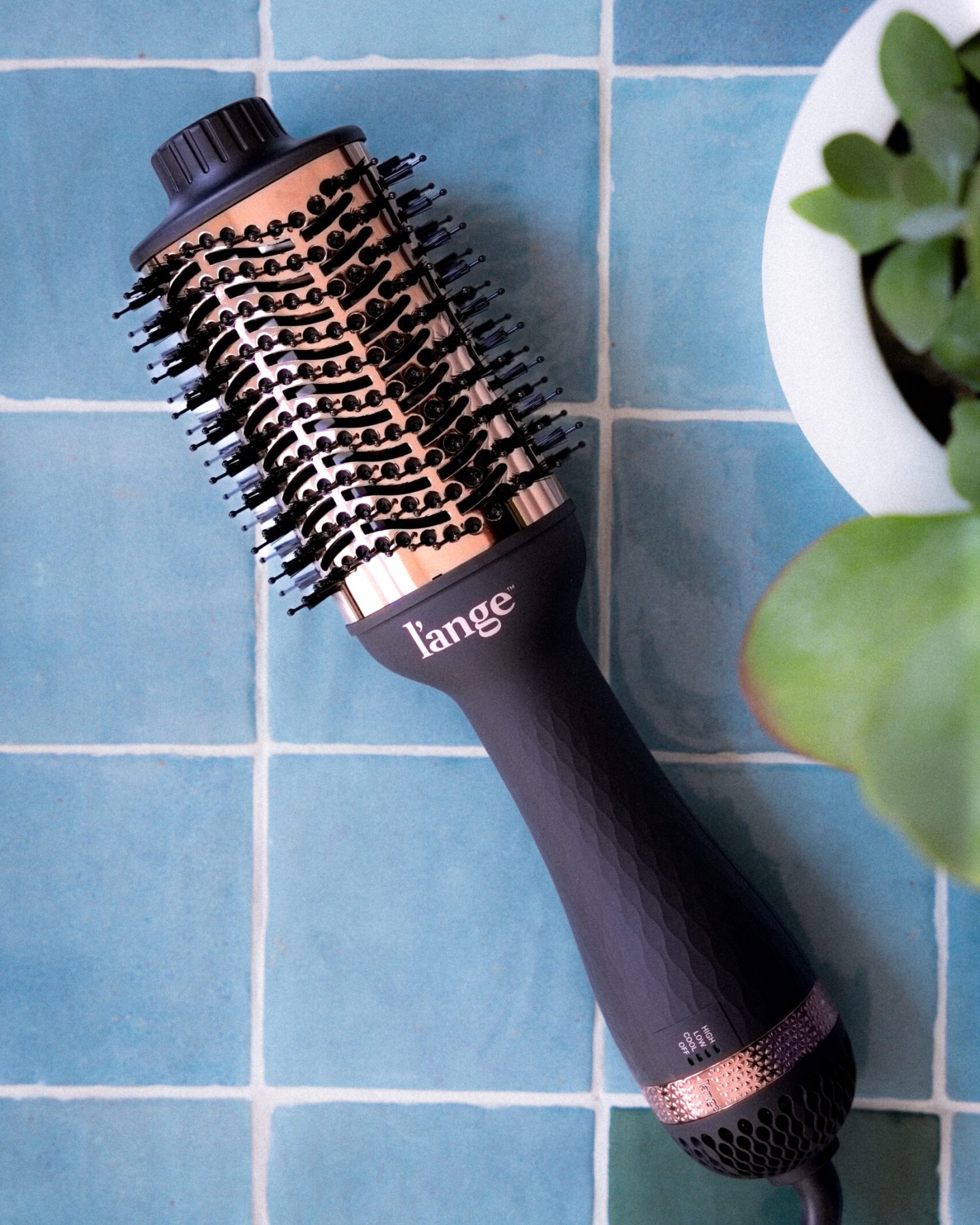 Minuit studio brand photography – flat lay of a drying hair brush L’ange Minuit studio brand photography - flat lay of a drying hair brush from the brand L'ange on blue tiles and including a green plant in a white pot with a vintage but fresh summery vibe